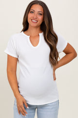 White Ribbed Notched Neckline Maternity Top