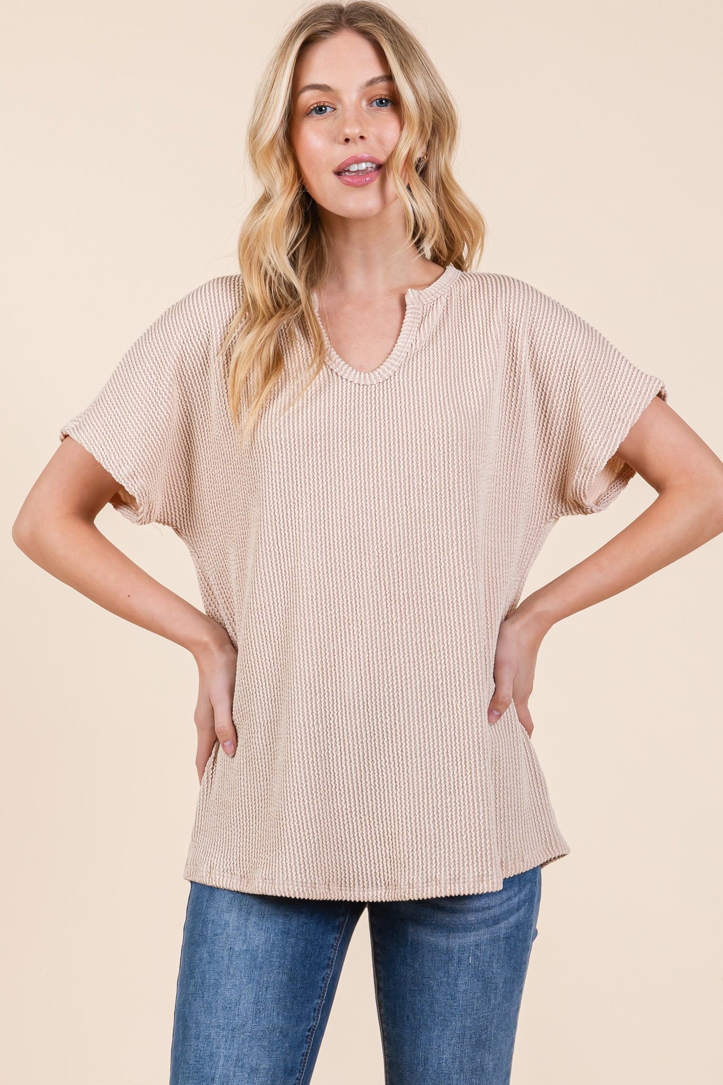 Beige Ribbed Notched Neckline Top