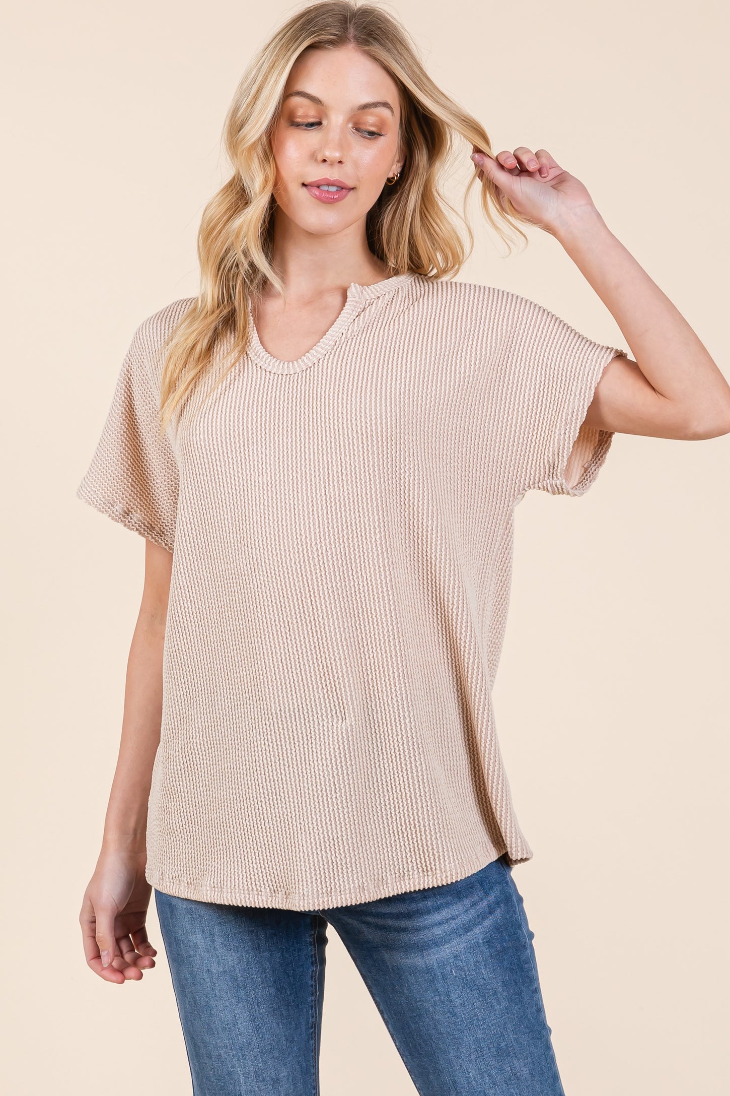 Beige Ribbed Notched Neckline Top