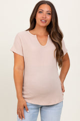 Beige Ribbed Notched Neckline Maternity Top