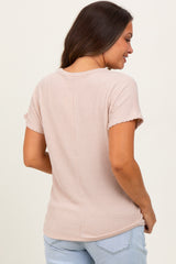 Beige Ribbed Notched Neckline Maternity Top