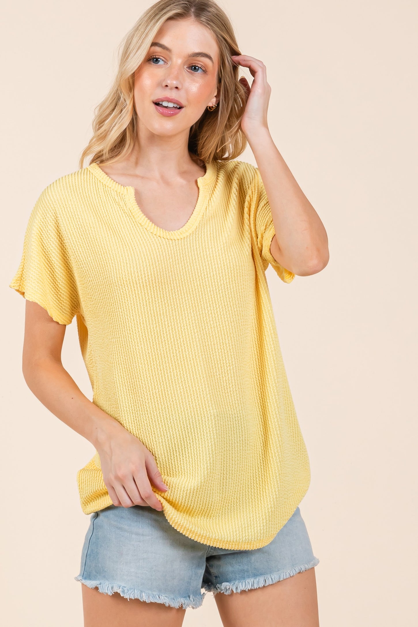 Yellow Ribbed Notched Neckline Top