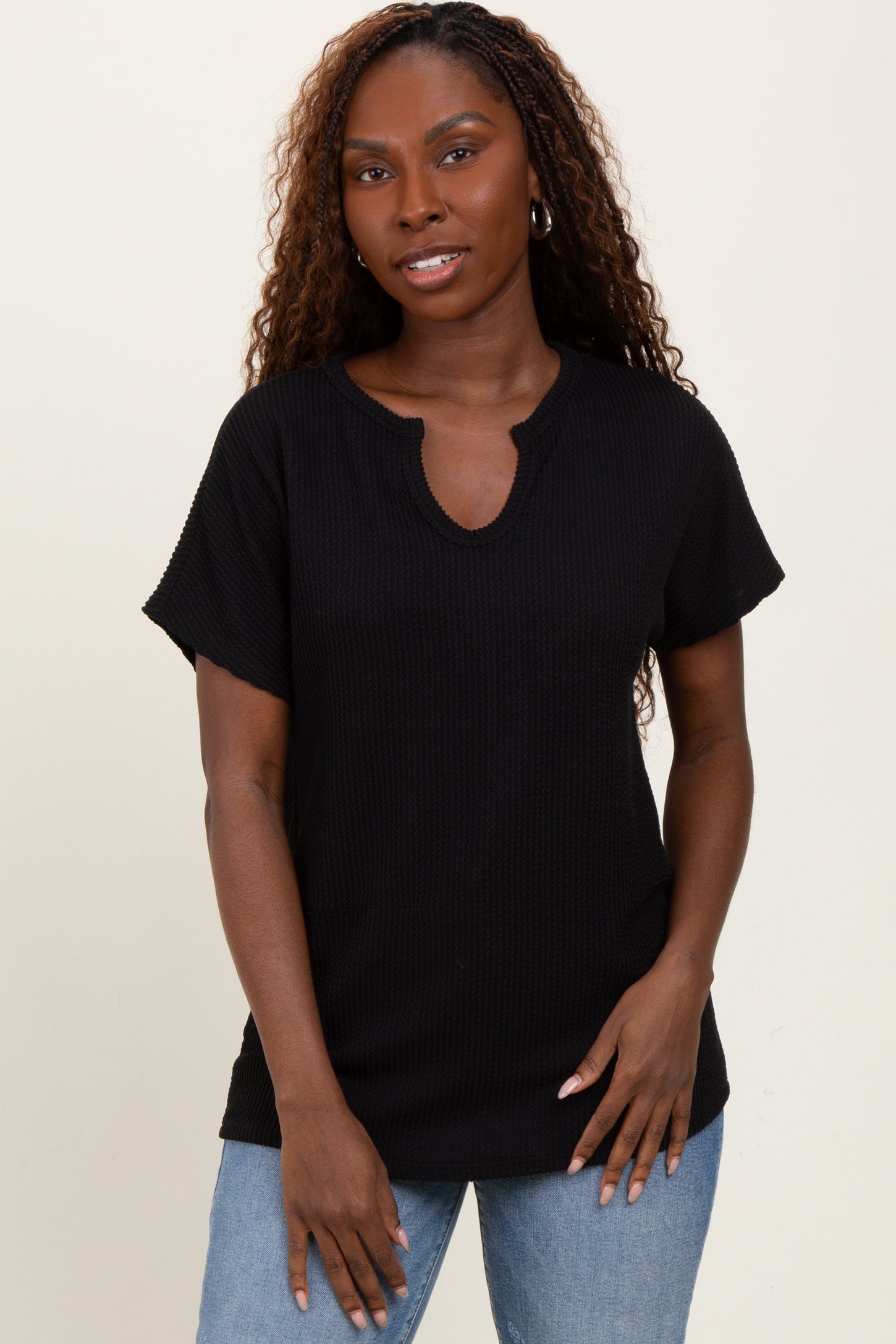 Black Ribbed Notched Neckline Top