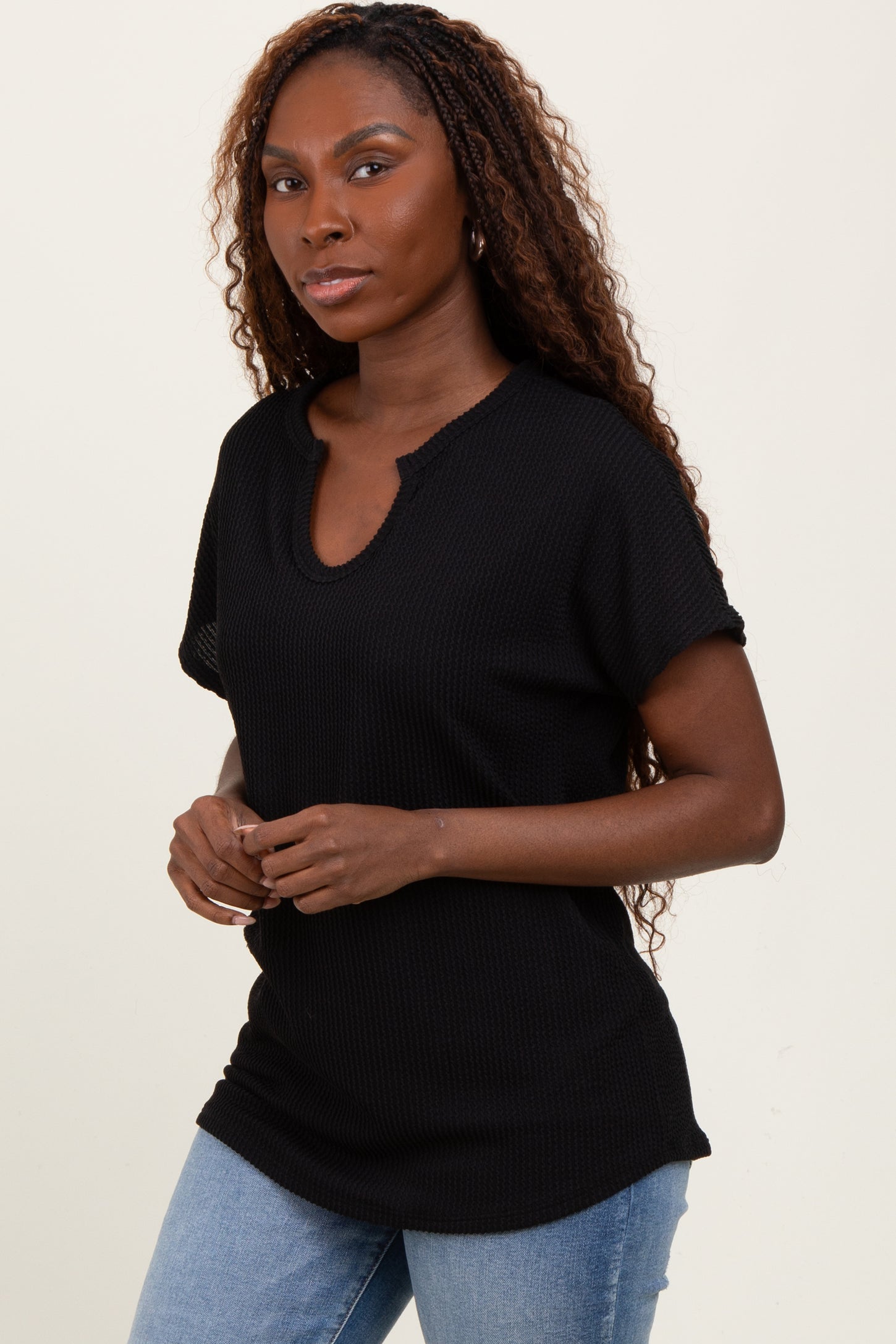 Black Ribbed Notched Neckline Top
