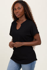 Black Ribbed Notched Neckline Top