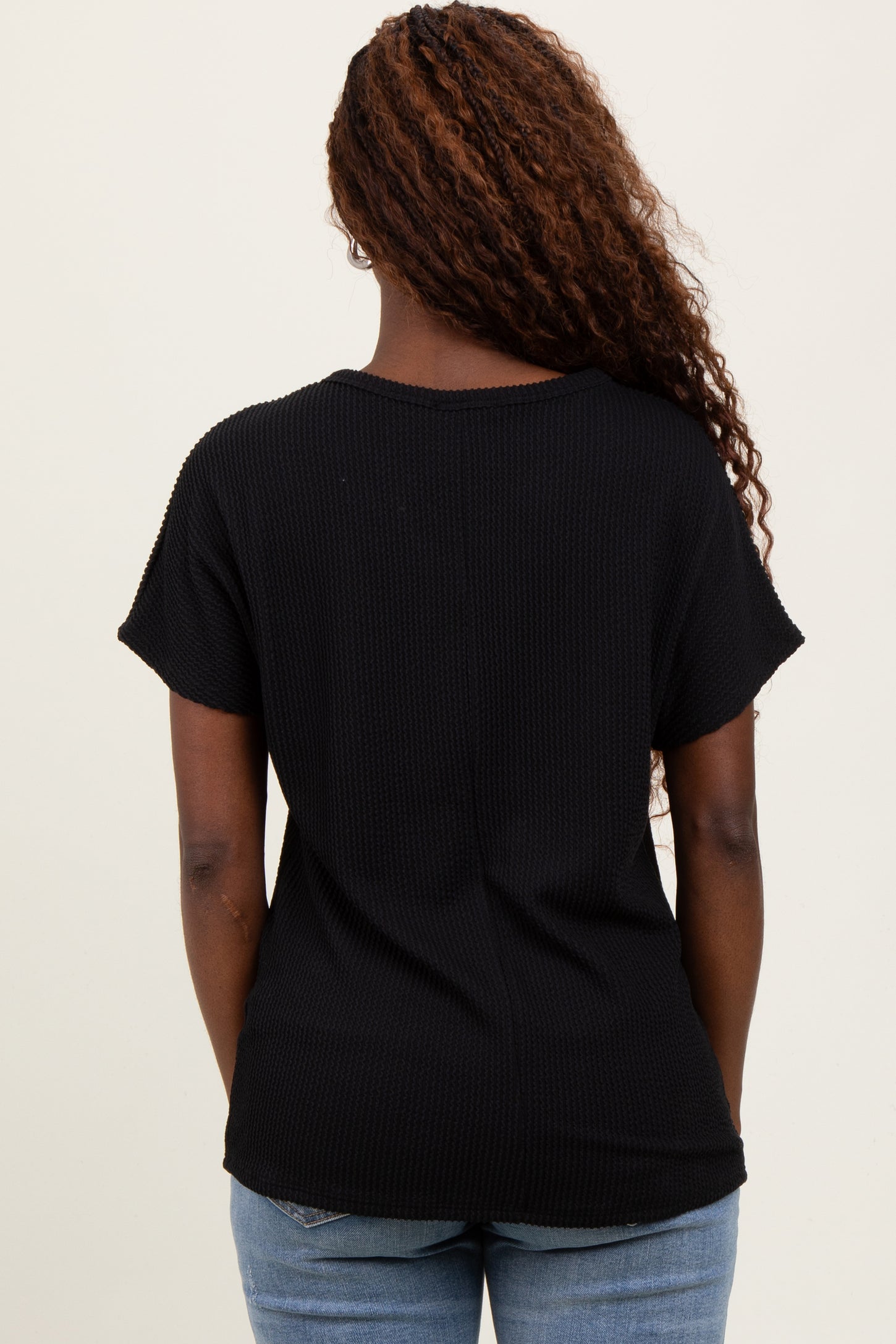 Black Ribbed Notched Neckline Top