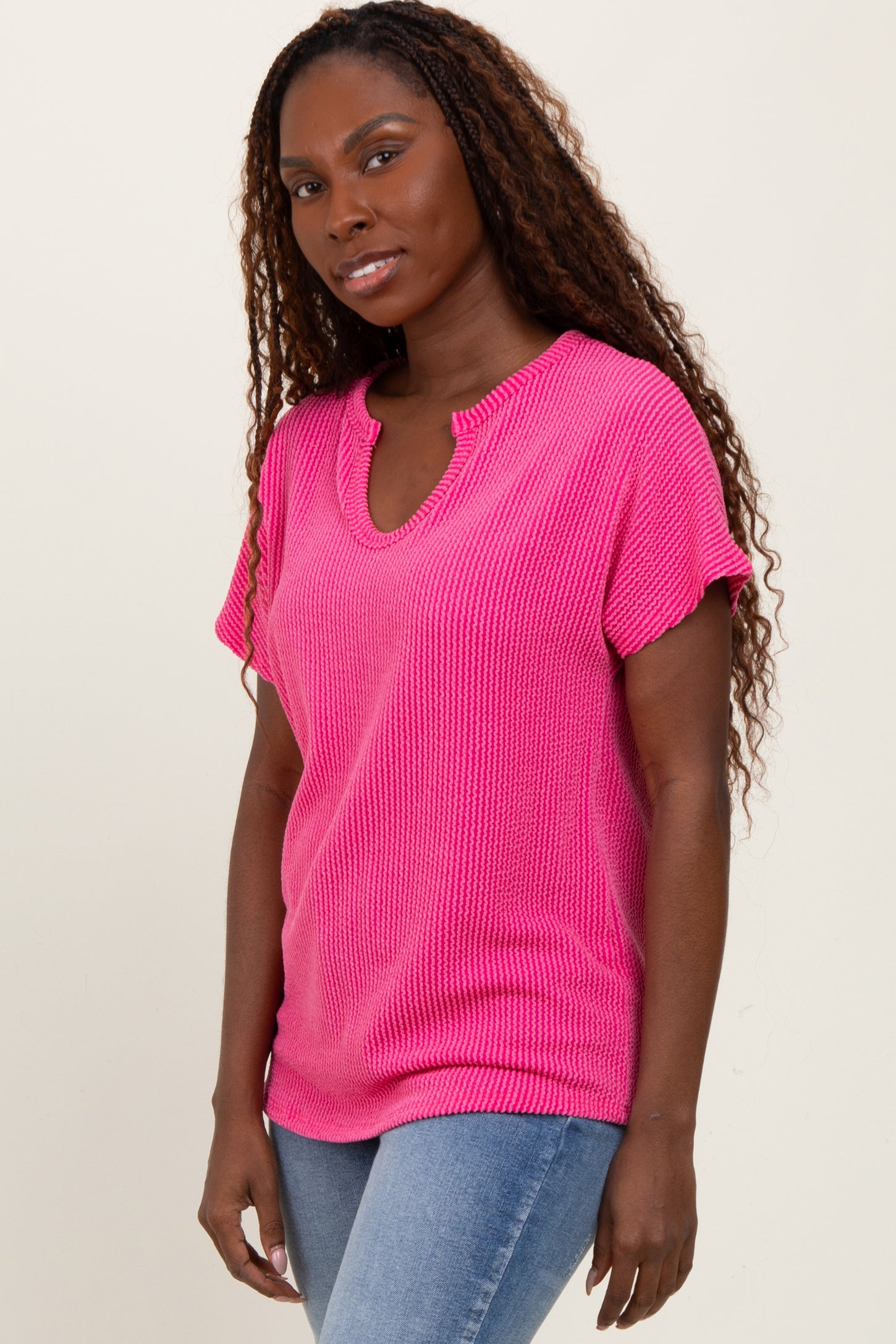 Fuchsia Ribbed Notched Neckline Top