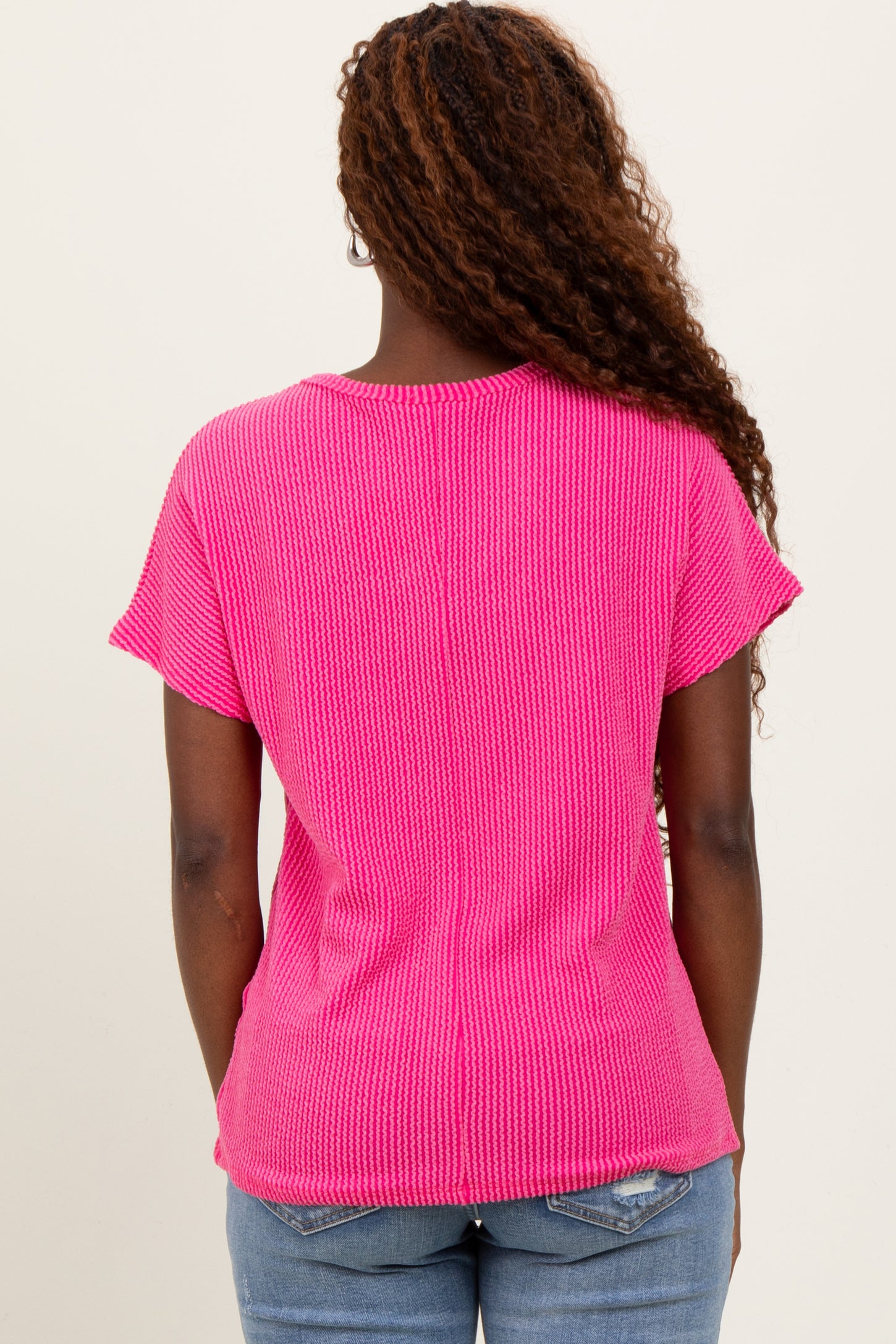 Fuchsia Ribbed Notched Neckline Top