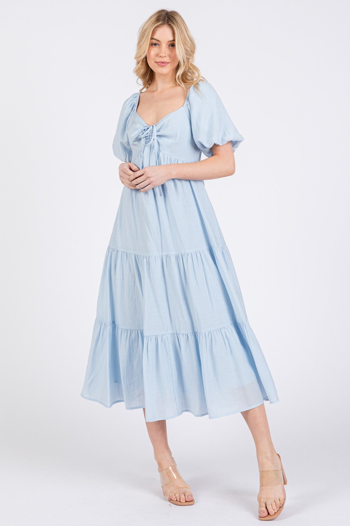 Light Blue Cinched Front Tie Puff Sleeve Midi Dress