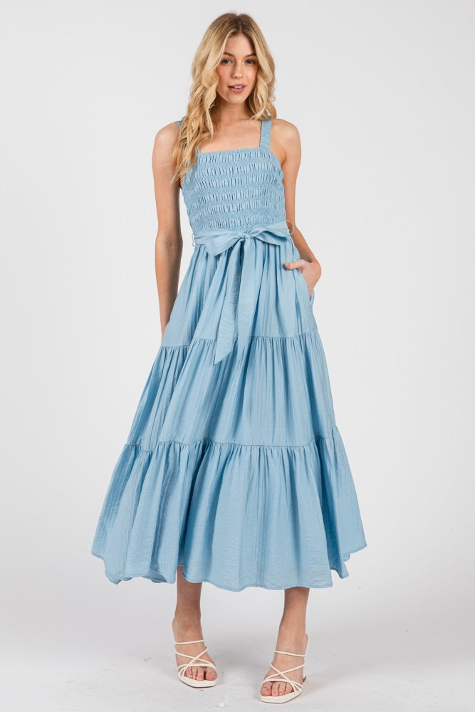 Light Blue Smocked Tiered Midi Dress