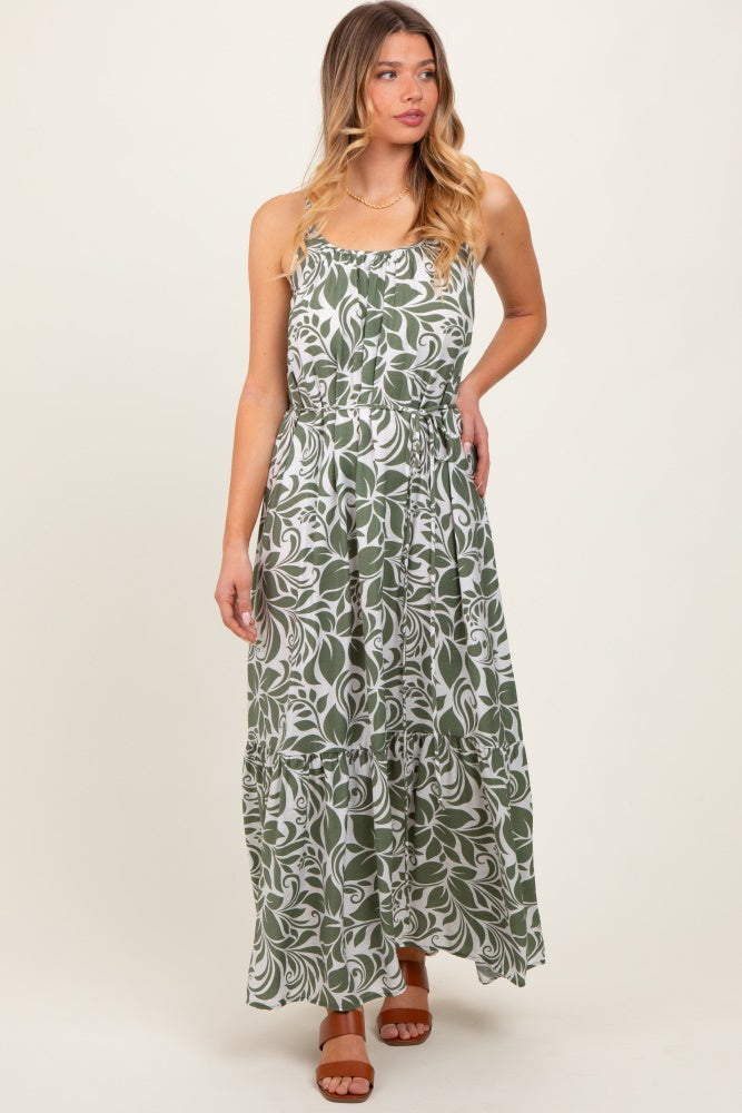 Olive Floral Waist Tie Maternity Maxi Dress