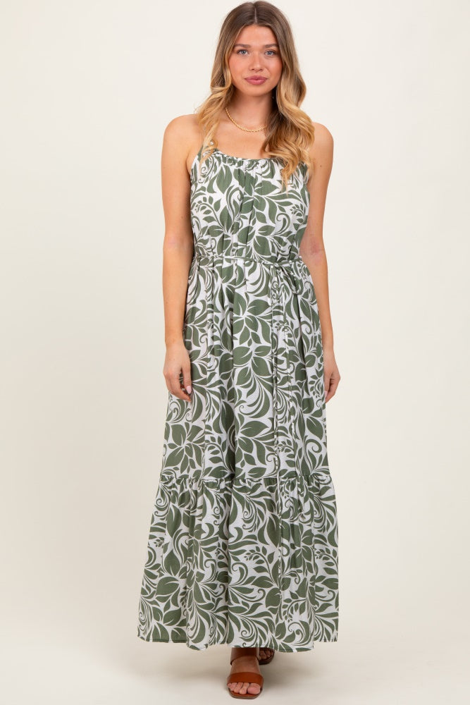 Olive Floral Waist Tie Maxi Dress