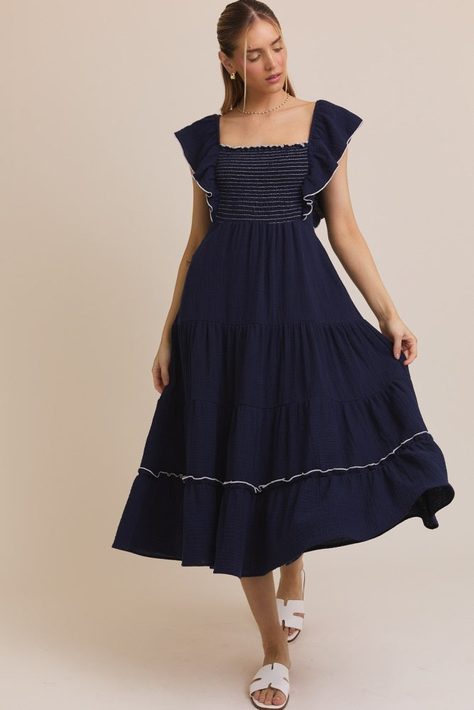 Navy Smocked Ruffle Sleeve Maternity Midi Dress