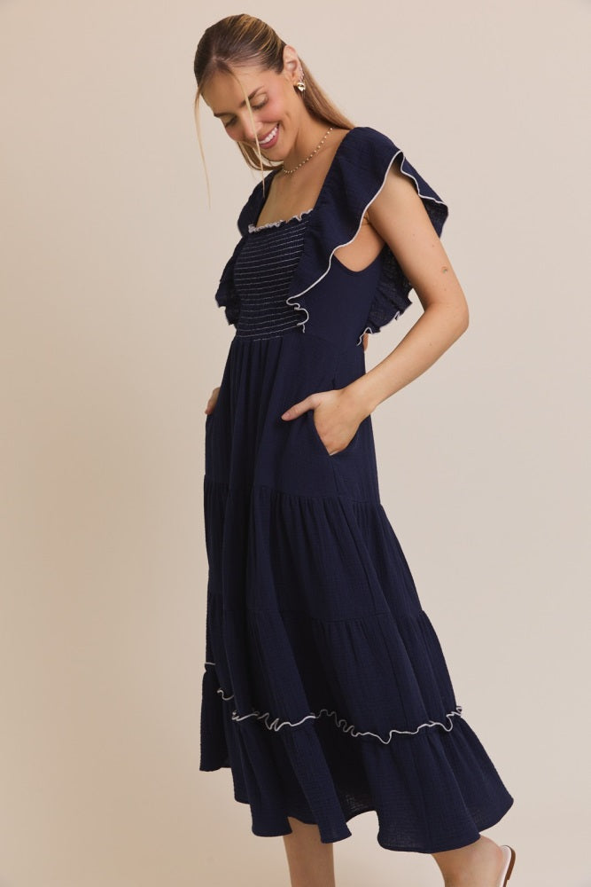 Navy Smocked Ruffle Sleeve Midi Dress
