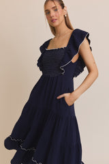 Navy Smocked Ruffle Sleeve Midi Dress