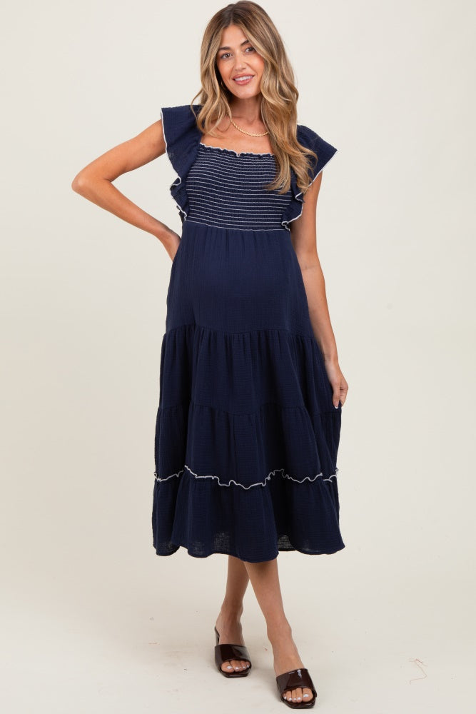 Navy Smocked Ruffle Sleeve Maternity Midi Dress