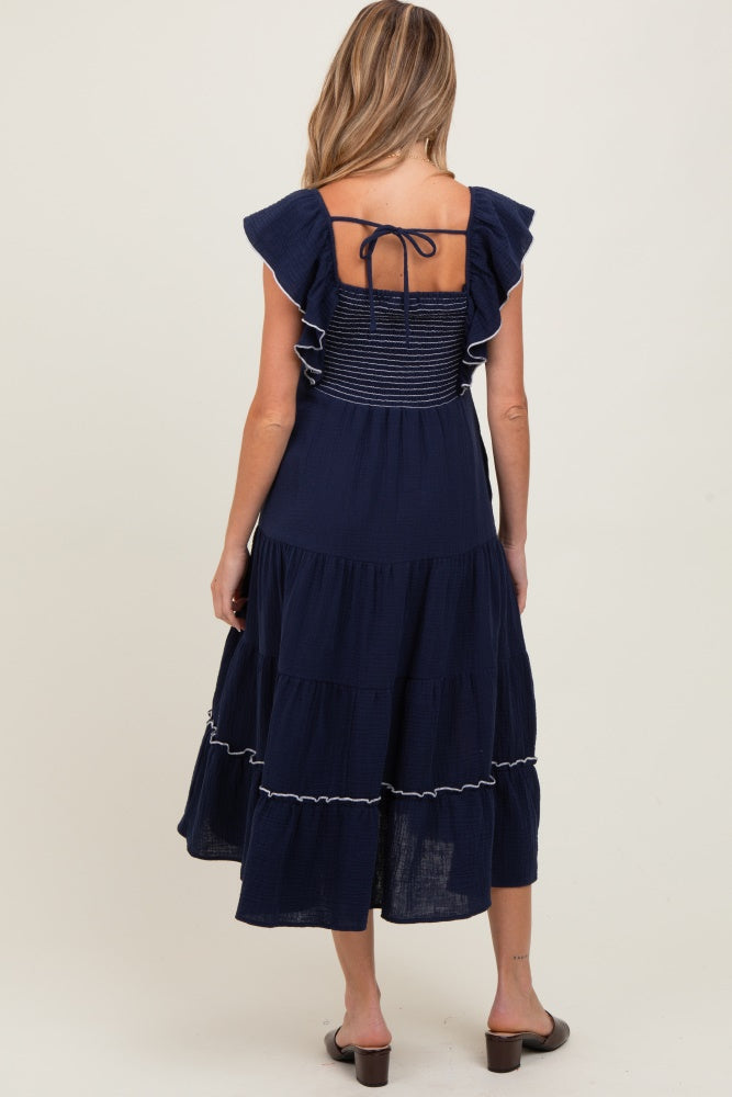 Navy Smocked Ruffle Sleeve Maternity Midi Dress