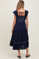 Navy Smocked Ruffle Sleeve Maternity Midi Dress