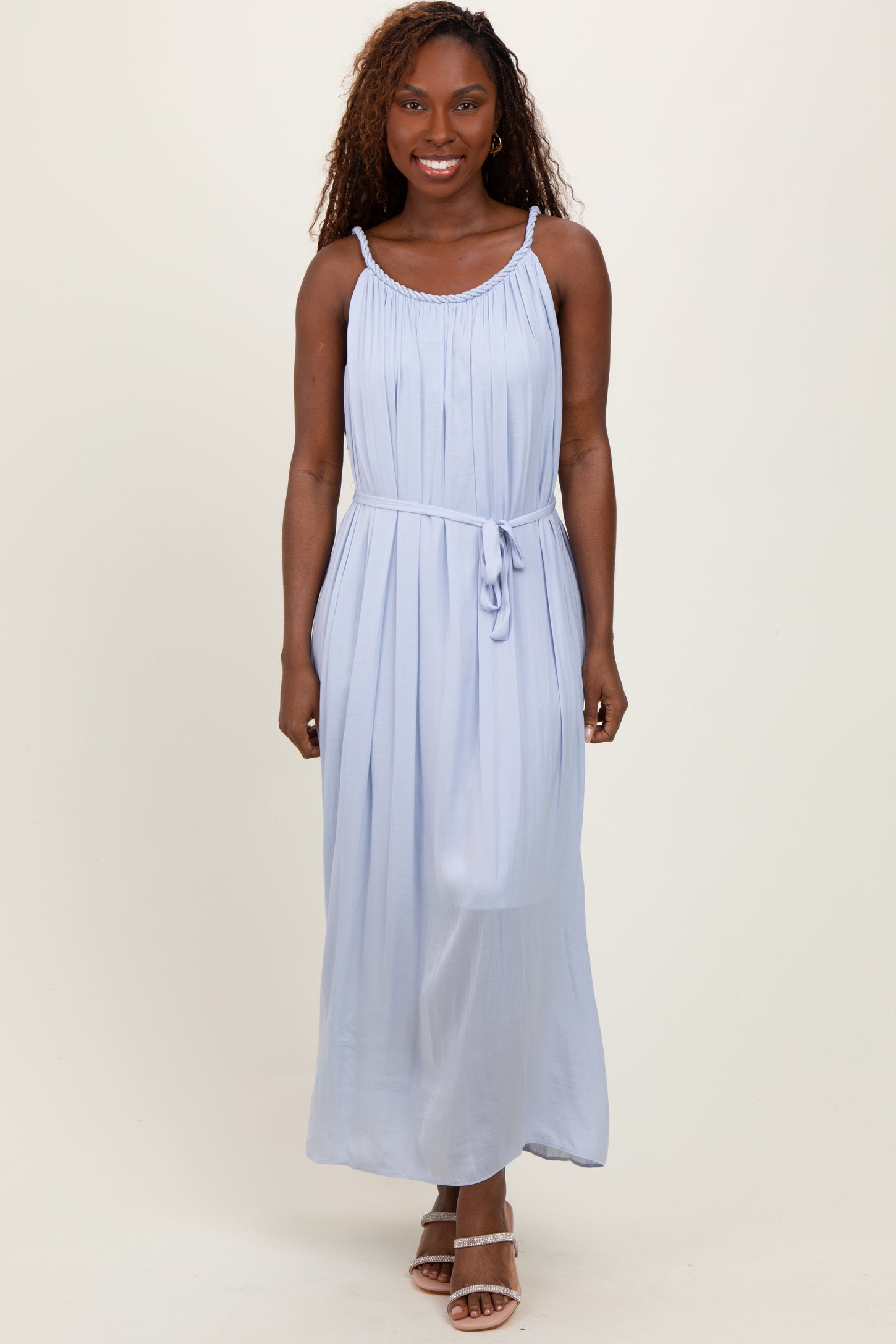 Light Blue Braided Neckline Maternity Maxi Dress