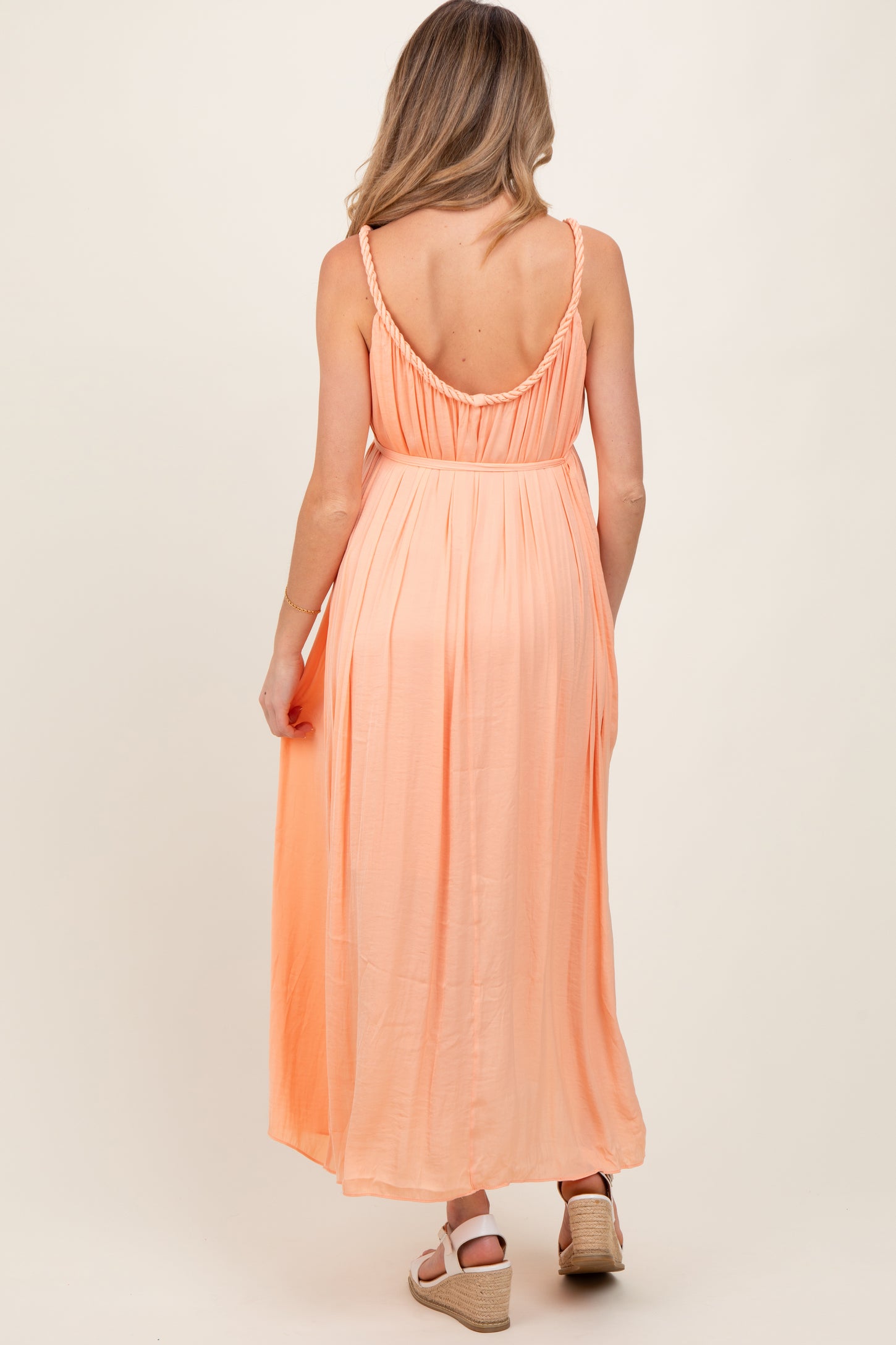 Peach Braided Neckline Maternity Maxi Dress