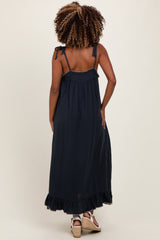 Navy Scallop Trim Shoulder Tie Maternity Maxi Dress