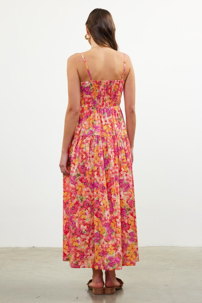 Coral Floral Textured Smocked Maxi Dress