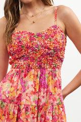 Coral Floral Textured Smocked Maxi Dress