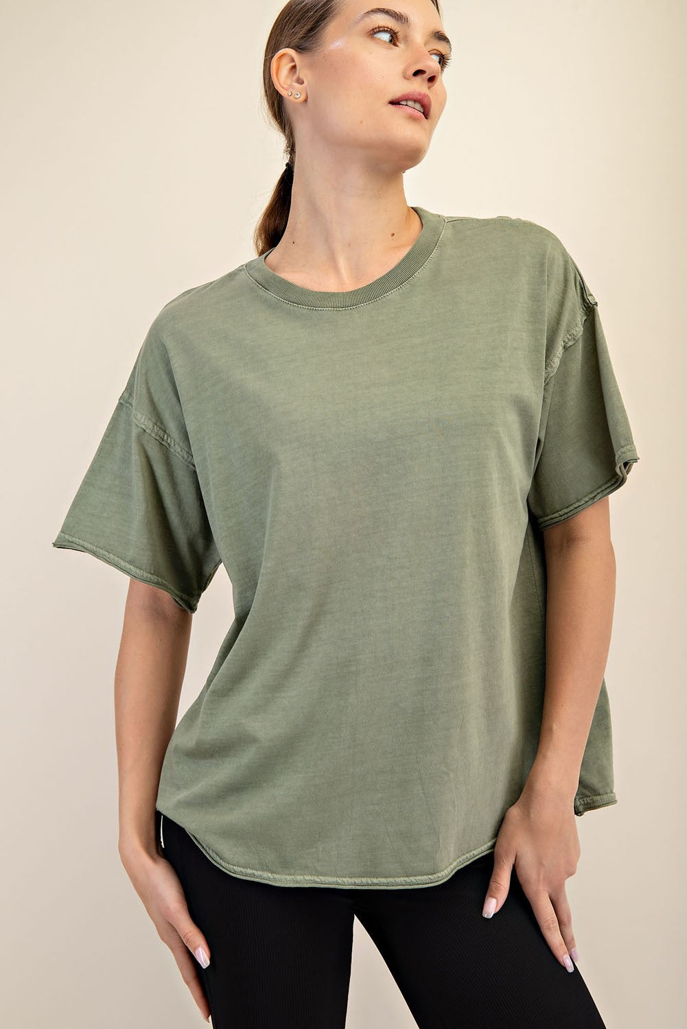 Olive Boxy Raw Edge Short Sleeve Tee
