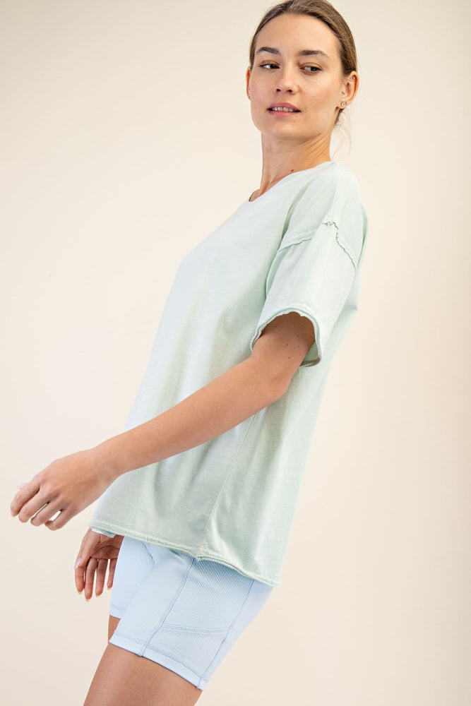 Mint Boxy Raw Edge Short Sleeve Tee