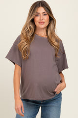 Mocha Boxy Raw Edge Maternity Short Sleeve Tee
