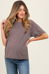 Mocha Boxy Raw Edge Maternity Short Sleeve Tee