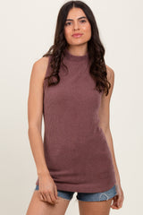 Brown Ribbed Mock Neck Sleeveless Maternity Top