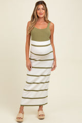 Olive Colorblock Striped Sleeveless Maternity Maxi Dress