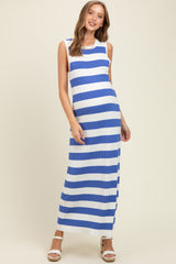 Blue Ribbed Striped Knit Sleeveless Maternity Maxi Dress
