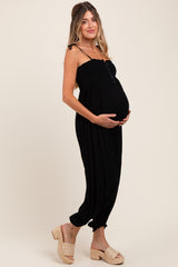 Black Smocked Button Front Shoulder Tie Maternity Jumpsuit