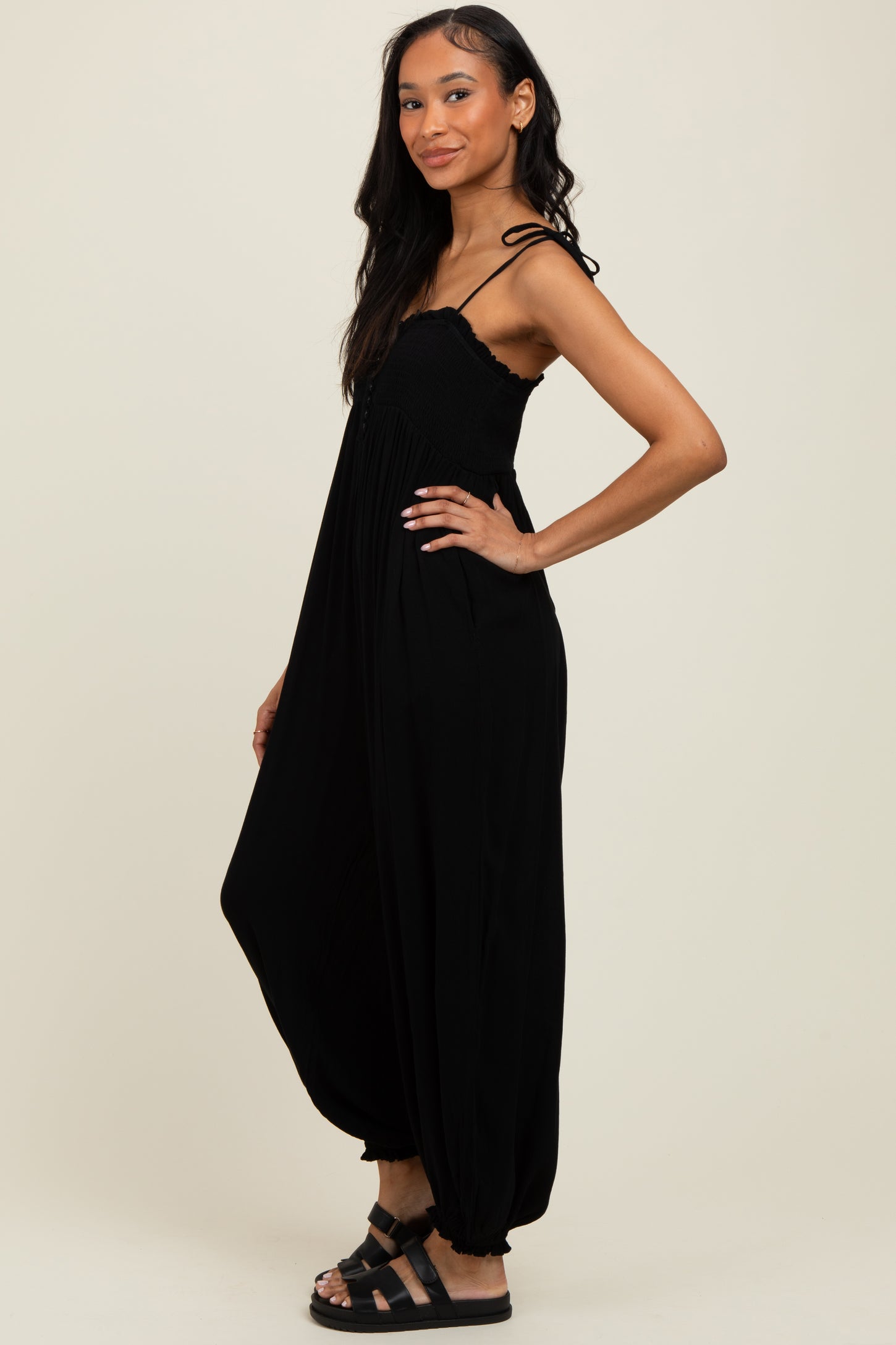 Black Smocked Button Front Shoulder Tie Jumpsuit