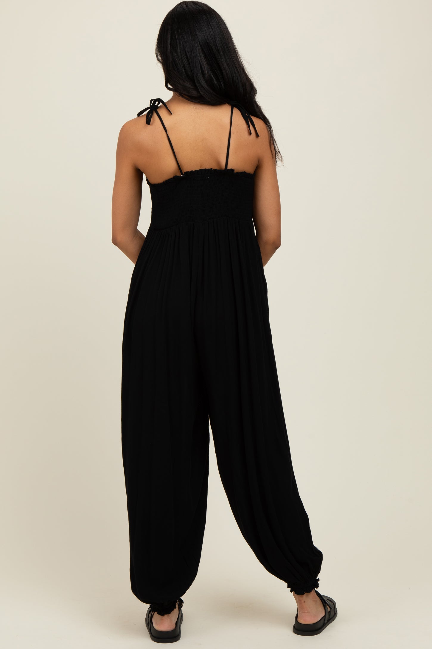 Black Smocked Button Front Shoulder Tie Jumpsuit