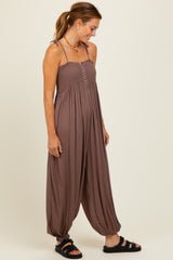 Mocha Smocked Button Front Shoulder Tie Jumpsuit