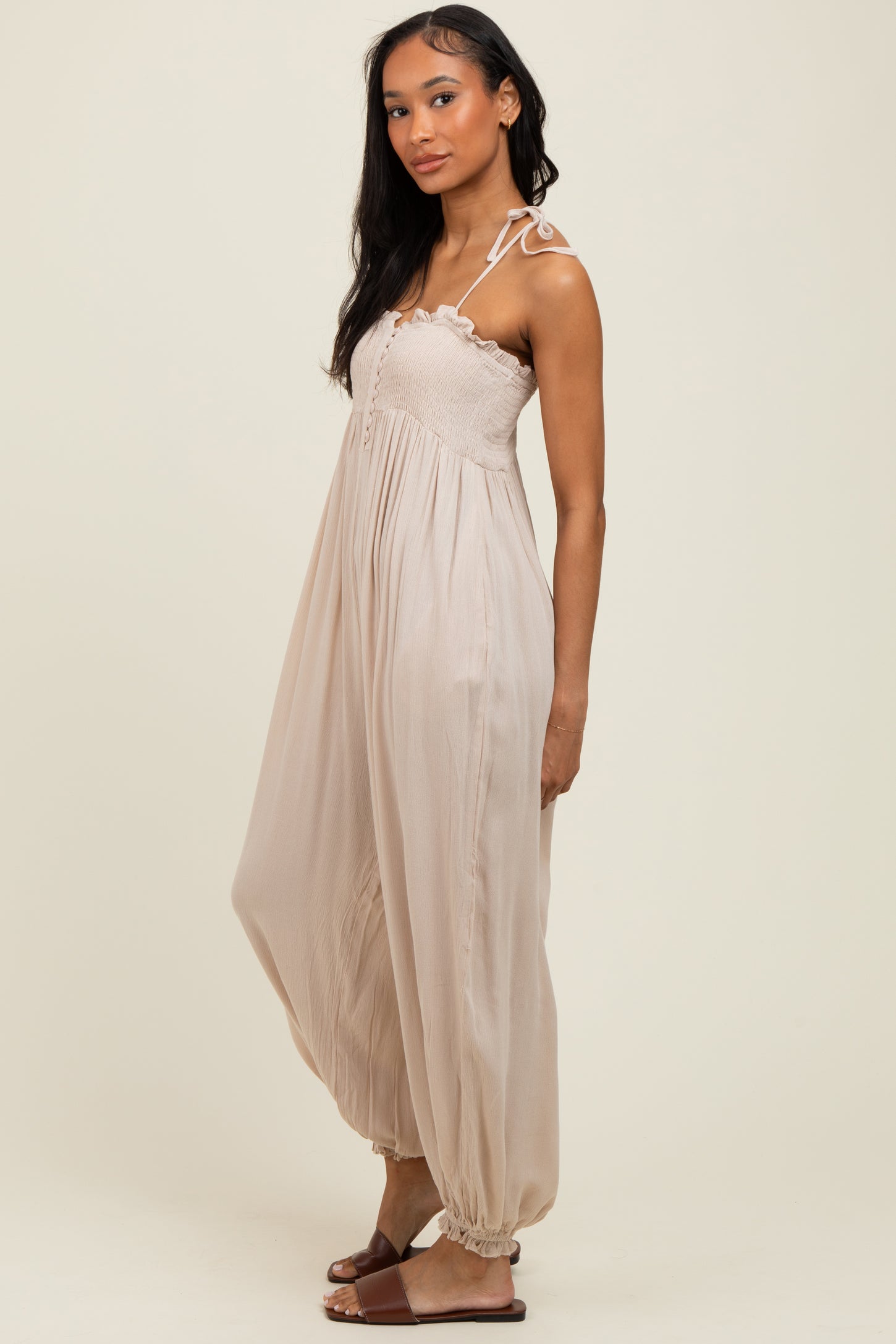 Beige Smocked Button Front Shoulder Tie Jumpsuit