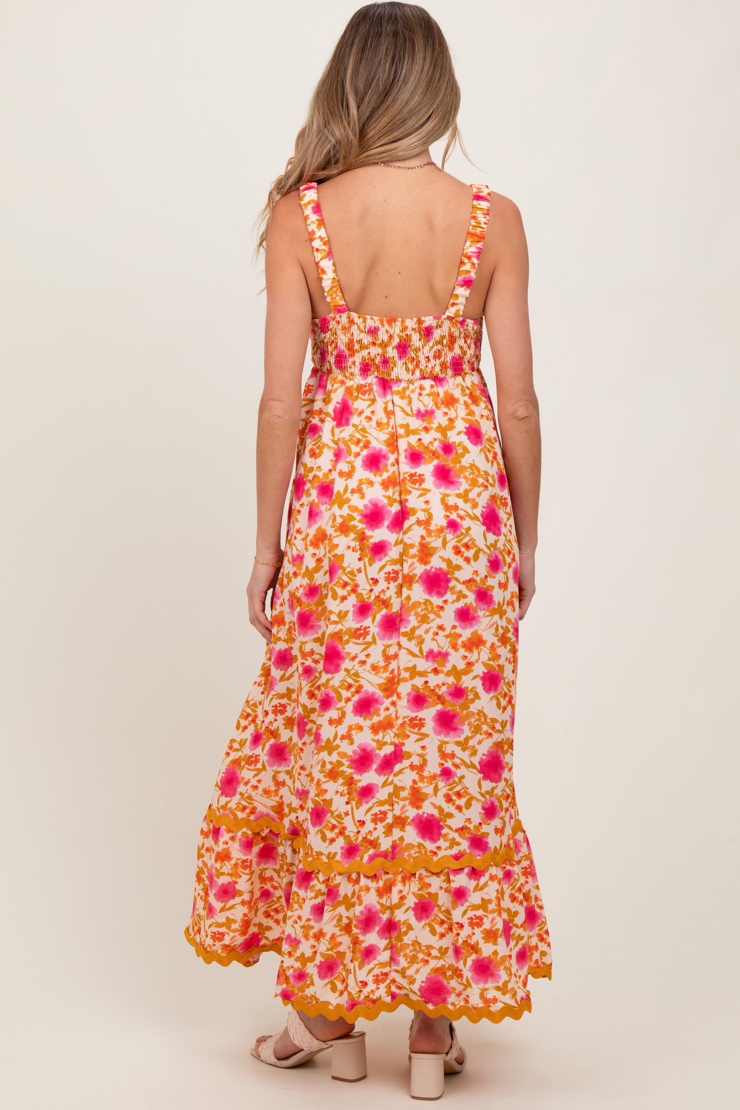 Peach Floral Contrast Wavy Trim Maternity Maxi Dress