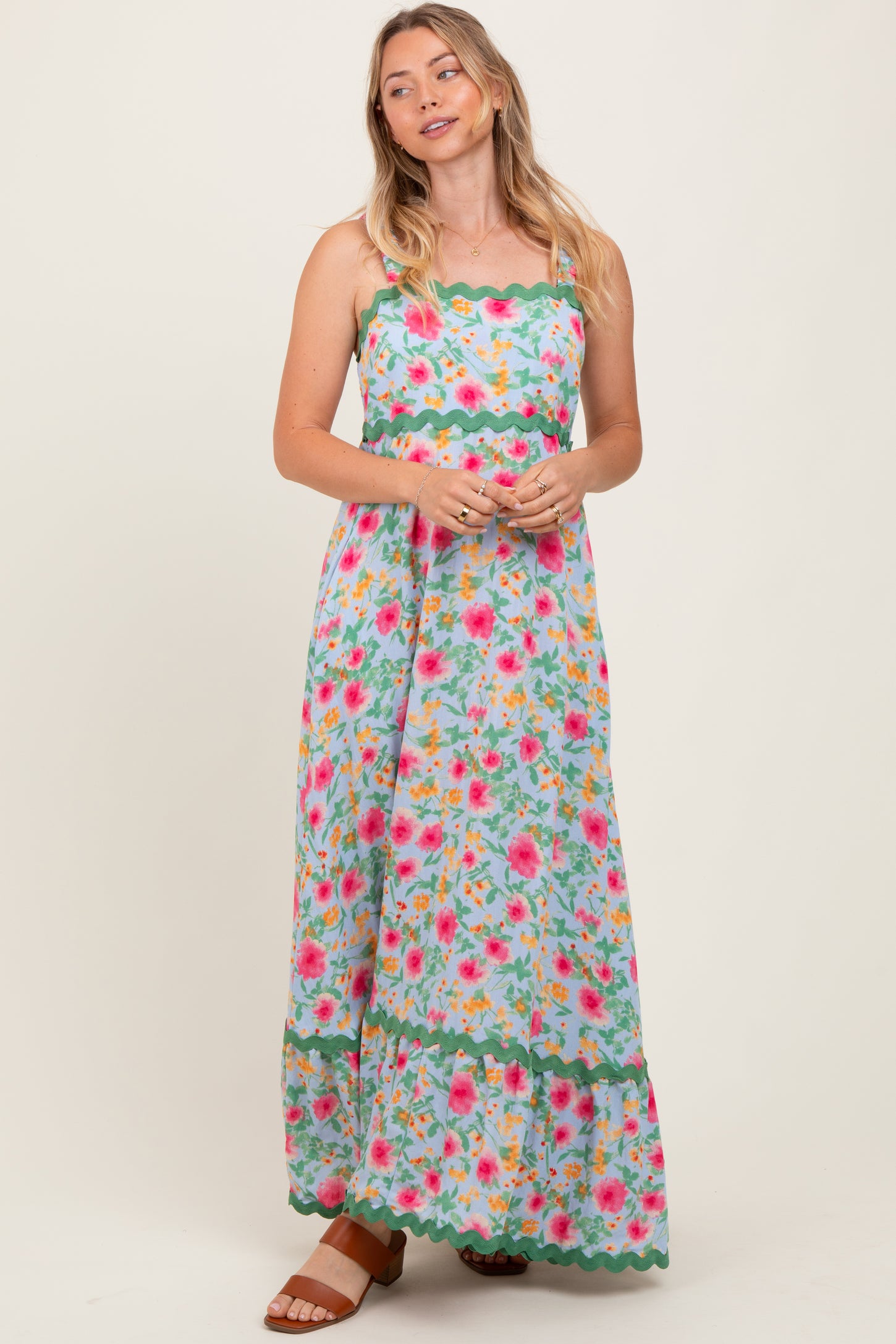 Blue Floral Contrast Wavy Trim Maternity Maxi Dress