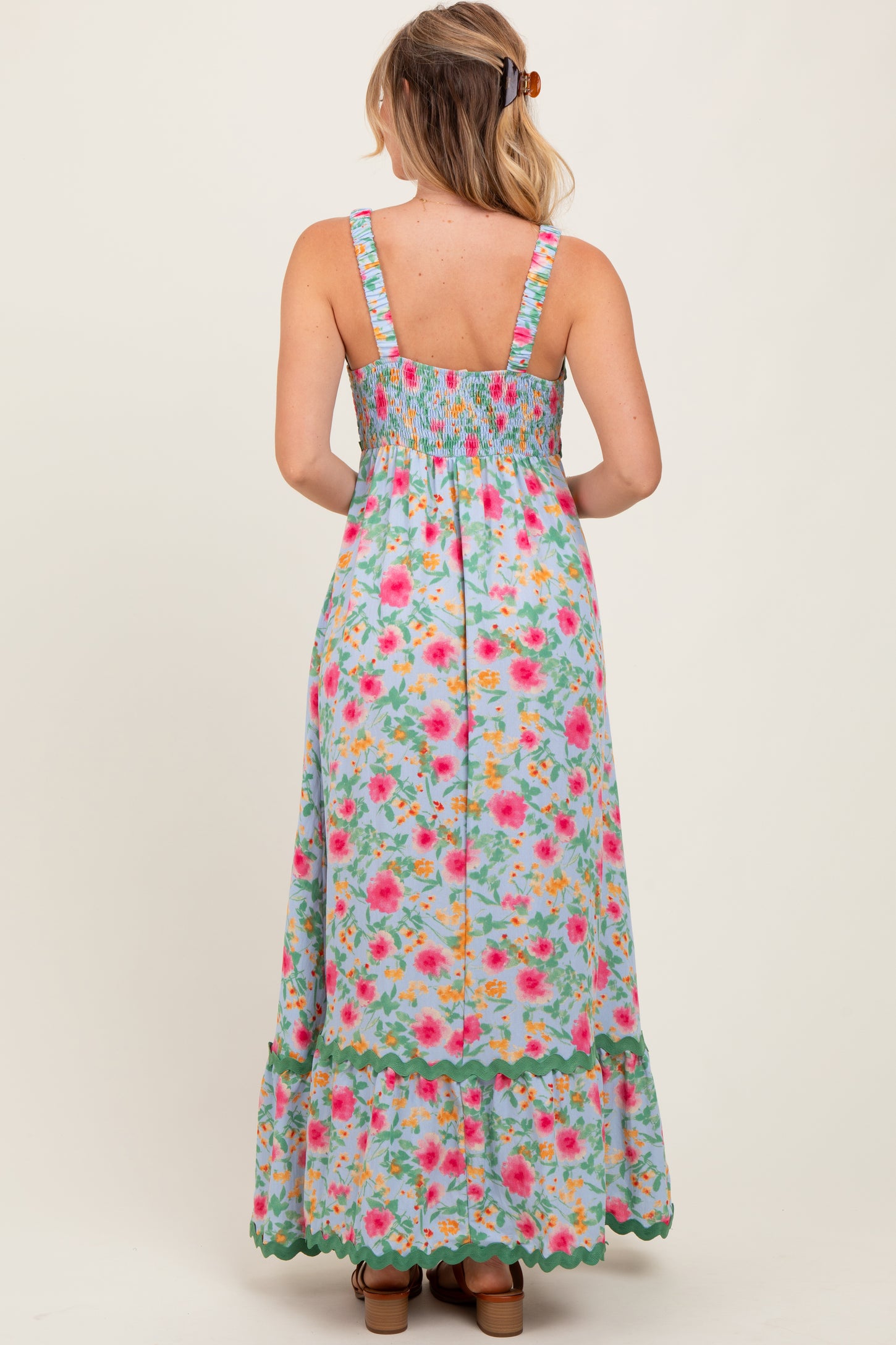 Blue Floral Contrast Wavy Trim Maxi Dress