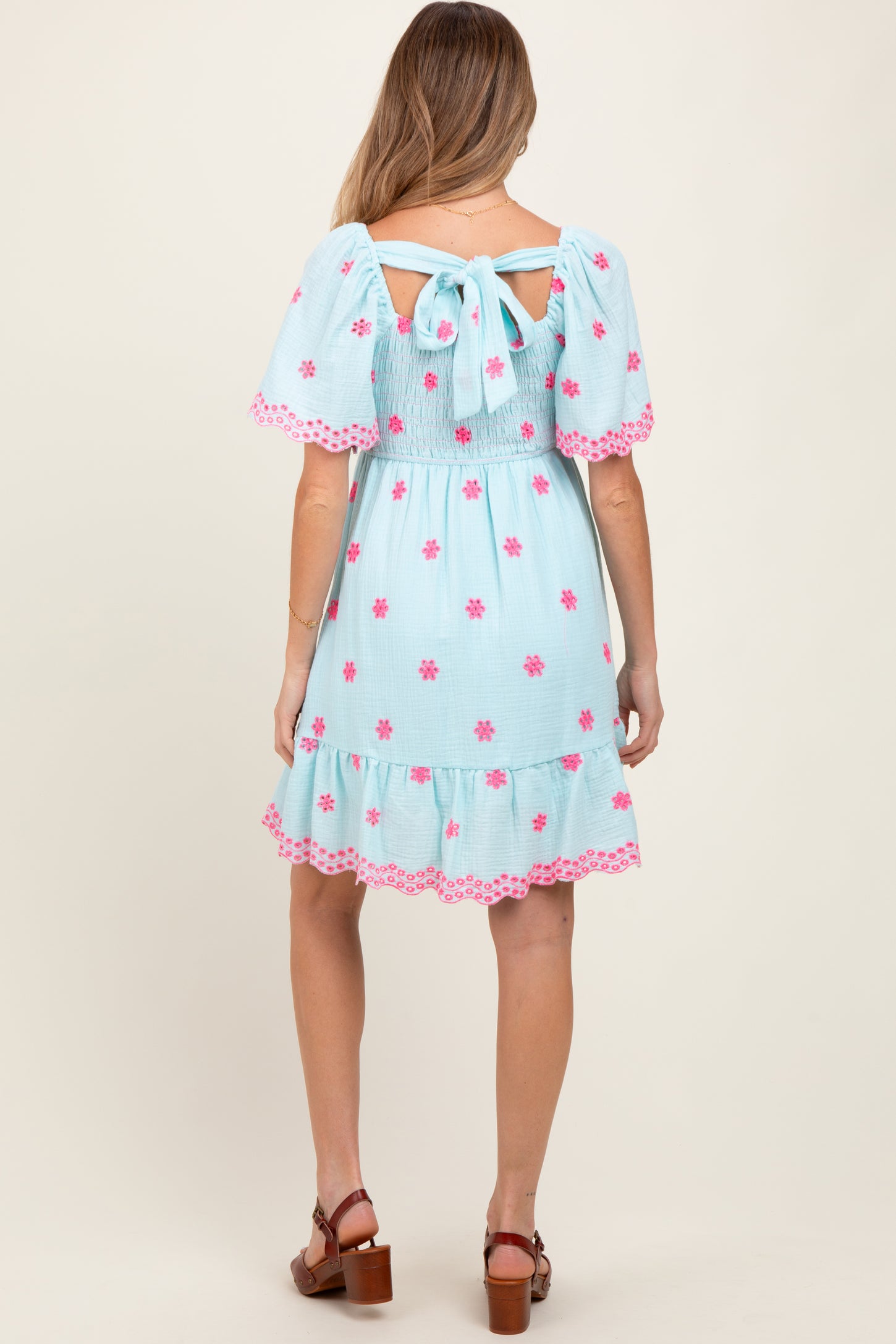 Blue Embroidered Detail Smocked Tie Back Maternity Dress