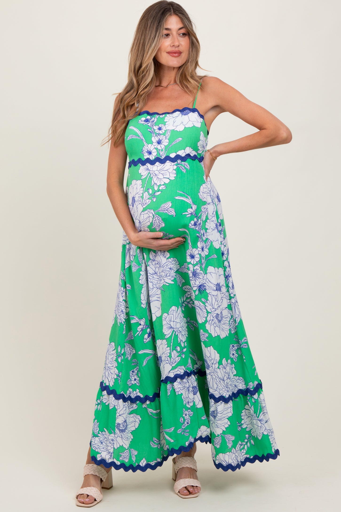 Mint Green Floral Wavy Trim Maternity Maxi Dress