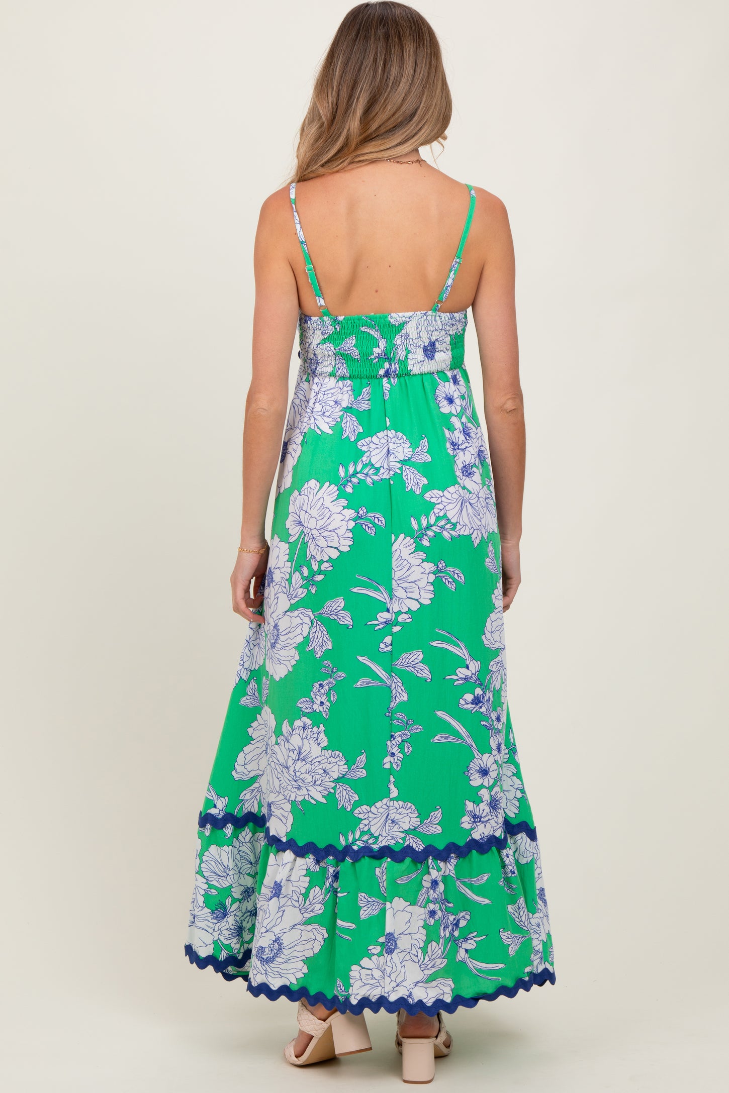 Mint Green Floral Wavy Trim Maternity Maxi Dress
