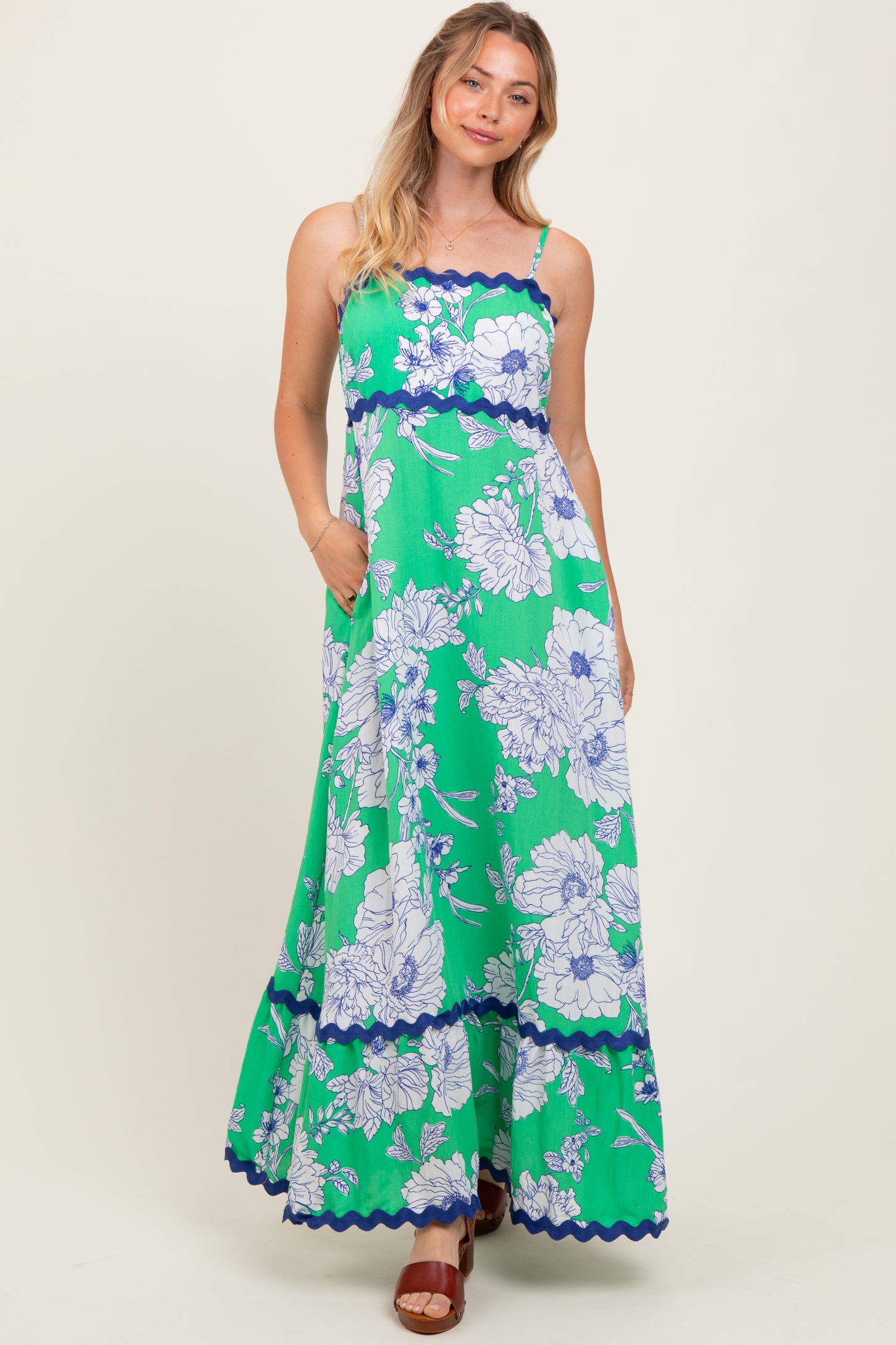 Mint Green Floral Wavy Trim Maternity Maxi Dress
