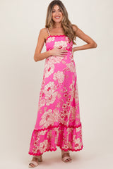 Fuchsia Floral Wavy Trim Maternity Maxi Dress