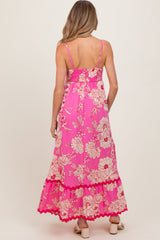 Fuchsia Floral Wavy Trim Maternity Maxi Dress