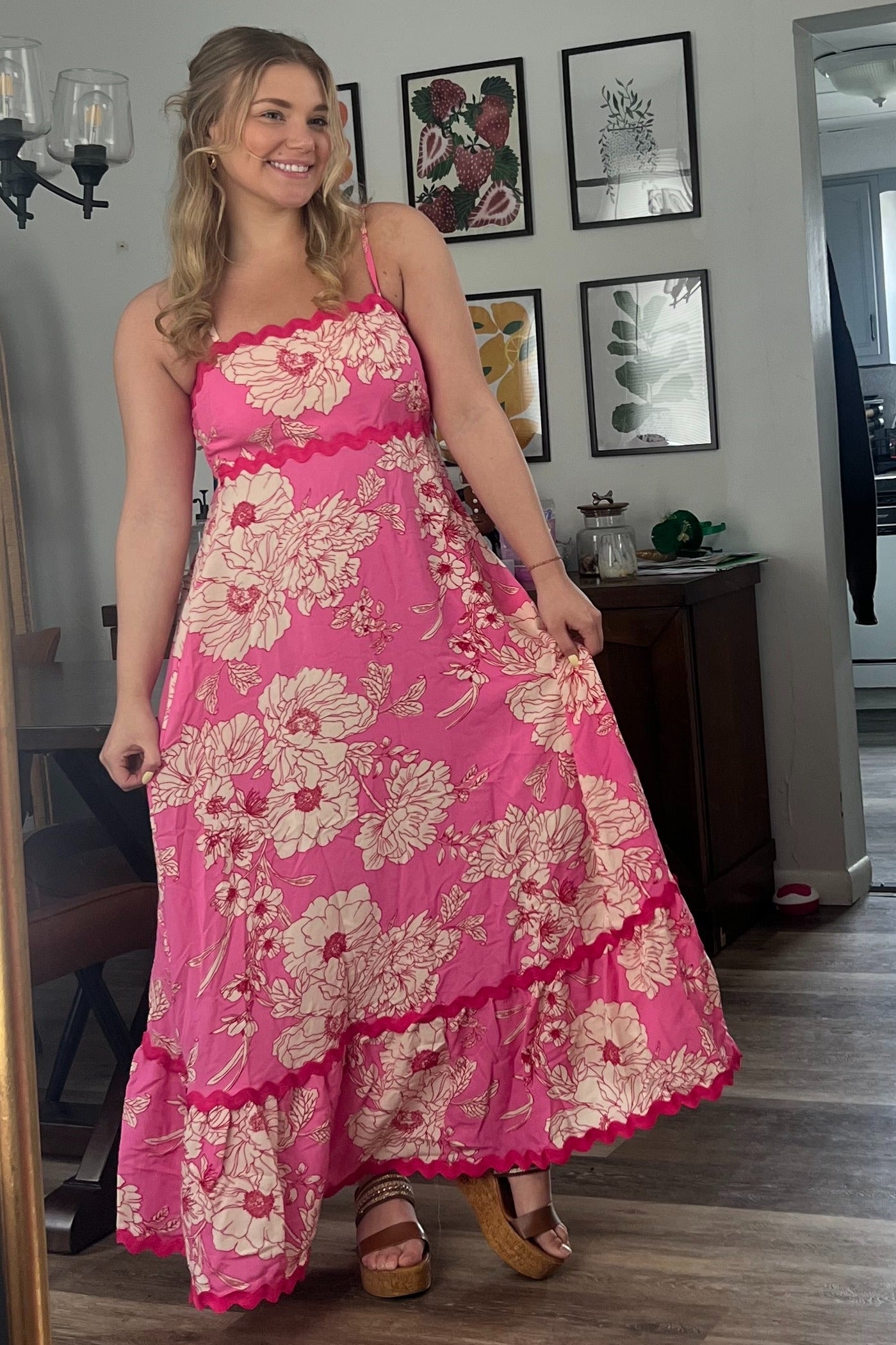 Fuchsia Floral Wavy Trim Maxi Dress