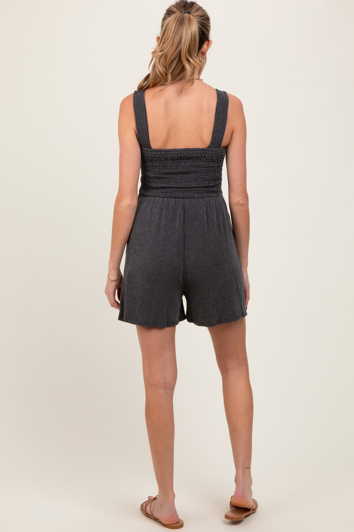 Charcoal Ribbed Smocked Bodice Maternity Romper